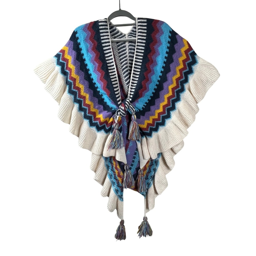 Multicolor Poncho Wrap Women OS Chevron Ruffle Tassel Boho Knit Unbranded